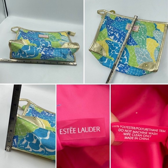 Estee Lauder Lilly Pulitzer Cosmetic Makeup bag Blue Green Gold Trim - Picture 8 of 16